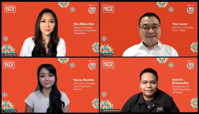 
					foto: (atas-bawah) Acara ini dihadiri oleh Eka Nilam Dari, Head of Strategic Merchant Acquisition ShopeePay; Vico Lomar, CEO & Co-Founder Fore Coffee; Renny Rantika, CEO & Co-Founder Ayam Keprabon Express; dan Septian Bramandita, Entrepreneur & Digital Marketing Strategist