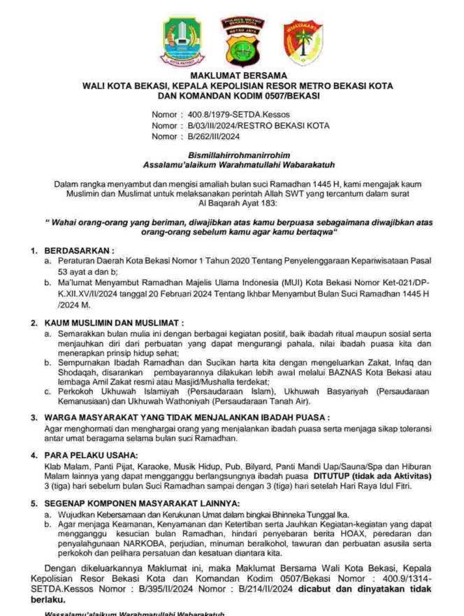 
					Dikritik Berbagai Pihak, Maklumat Bersama Forkopimda Kota Bekasi Direvisi