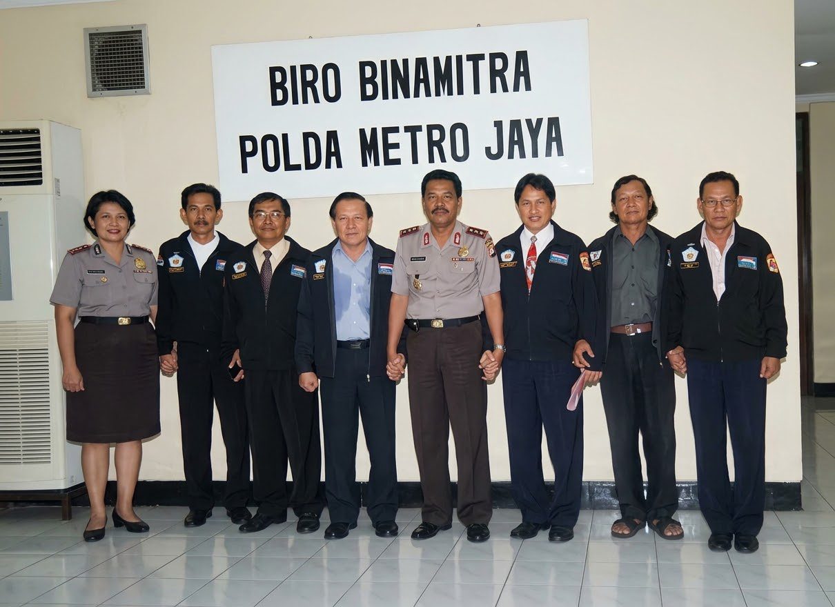 Foto: Bersama Dewan Pimpinan Pusat POMSI (DPP. POMSI) dengan Kepala Biro ( Karo) Bina Mitra POLDA METRO JAYA. Komisaris Besar Polisi. Drs. Bambang Soerjo Wardjoko, MM. Ke 4 dari kiri. Ketua Umum POMSI. Frans AS. Tumengkol. Ke 5 dari kiri. Ketua Penasehat / Pembina dan Pendiri, Bapak Letkol TNI AD(pur) John Korneles. Ke 6 dari kiri. Bersama pengurus Dewan Pimpinan Pusat. Komisaris. Polisi . Dri Hastuti . pertama dari kiri.